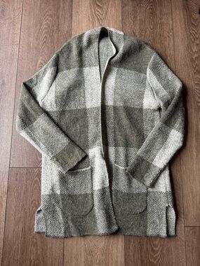 Papermoon Cozy Open-Front Plaid Cardigan - Olive & Cream